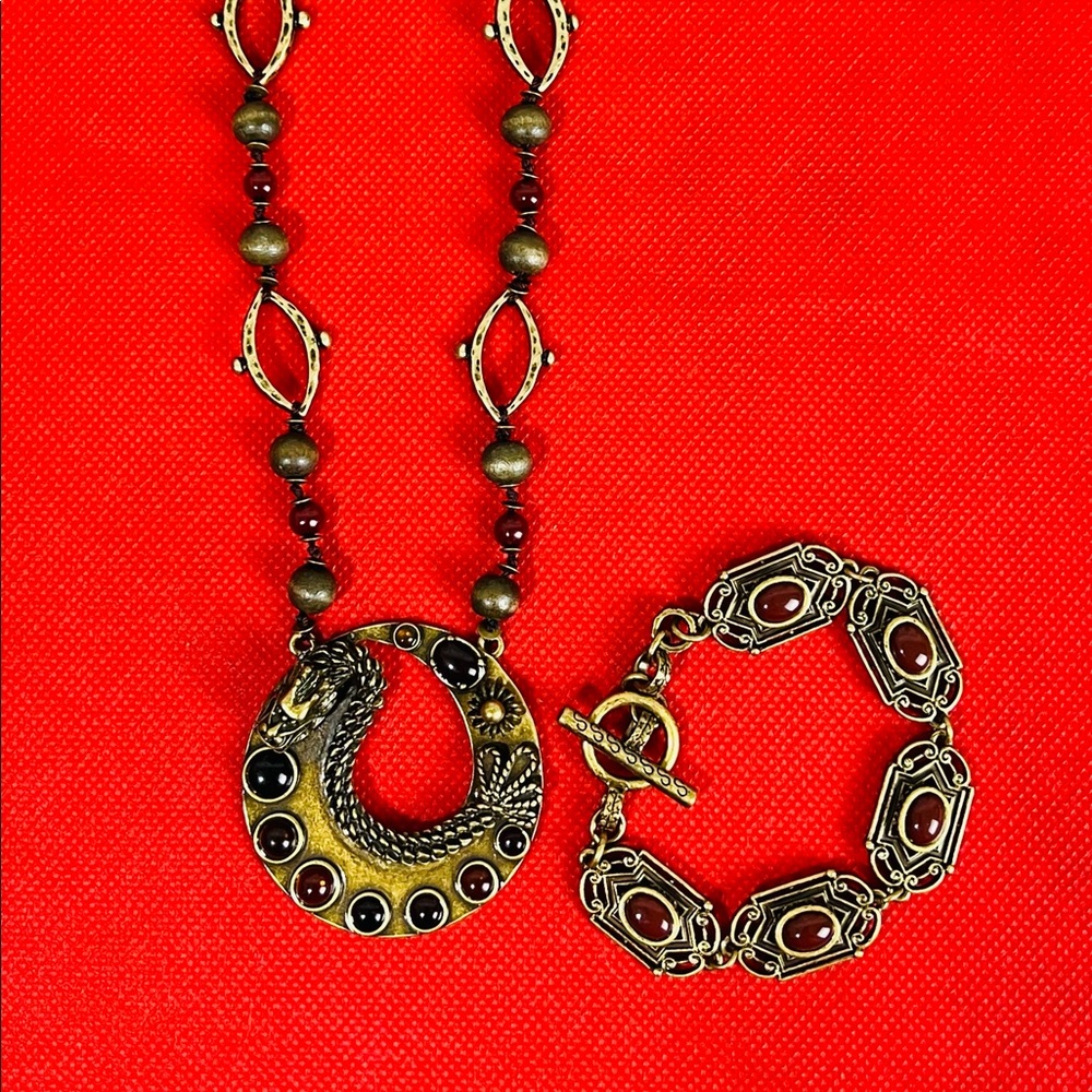 Stamp 10 Dragon Pendant, Faux Gemstones, Necklace With Matching Bracelet
